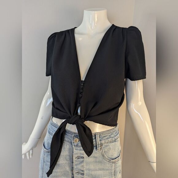 ZARA Black Tie Front Crop Top XS Tencel Puff Sleeve Button V Neck Summer Blouse - Picture 1 of 1